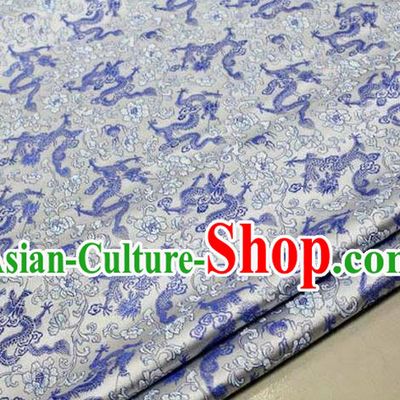 Chinese Traditional Royal Palace Blue Dragons Pattern Tang Suit White Brocade Fabric, Chinese Ancient Costume Satin Hanfu Mongolian Robe Material