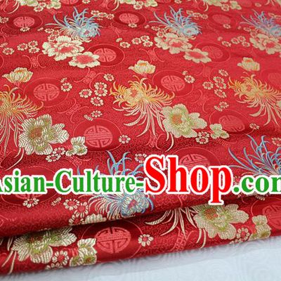 Chinese Traditional Royal Palace Longevity Chrysanthemum Pattern Tang Suit Cheongsam Red Brocade Fabric, Chinese Ancient Costume Hanfu Material