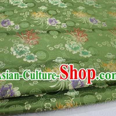 Chinese Traditional Royal Palace Longevity Chrysanthemum Pattern Tang Suit Cheongsam Green Brocade Fabric, Chinese Ancient Costume Hanfu Material
