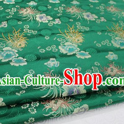 Chinese Traditional Royal Palace Longevity Chrysanthemum Pattern Tang Suit Cheongsam Deep Green Brocade Fabric, Chinese Ancient Costume Hanfu Material