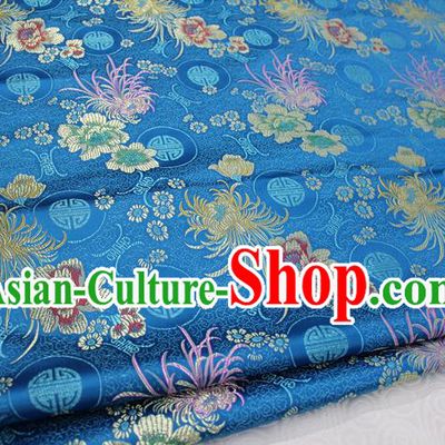 Chinese Traditional Royal Palace Longevity Chrysanthemum Pattern Tang Suit Cheongsam Blue Brocade Fabric, Chinese Ancient Costume Hanfu Material