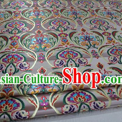 Chinese Traditional Royal Palace Flowers Pattern Beige Nanjing Brocade Mongolian Robe Fabric, Chinese Ancient Costume Satin Hanfu Tang Suit Material