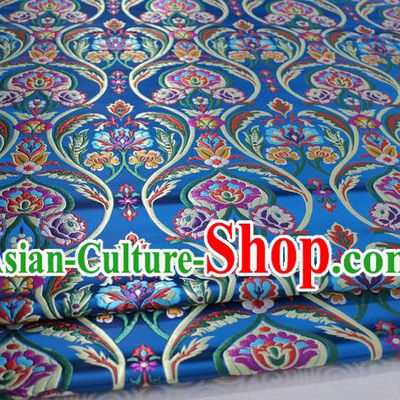 Chinese Traditional Royal Palace Flowers Pattern Blue Nanjing Brocade Mongolian Robe Fabric, Chinese Ancient Costume Satin Hanfu Tang Suit Material