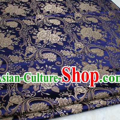 Chinese Traditional Royal Palace Rose Pattern Royalblue Brocade Mongolian Robe Fabric, Chinese Ancient Costume Satin Hanfu Tang Suit Material