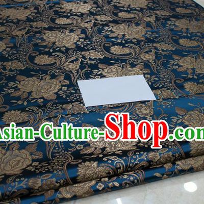 Chinese Traditional Royal Palace Rose Pattern Peacock Blue Brocade Mongolian Robe Fabric, Chinese Ancient Costume Satin Hanfu Tang Suit Material