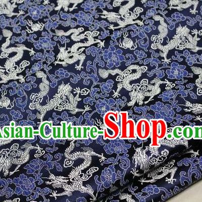 Chinese Traditional Palace White Dragons Pattern Cheongsam Navy Brocade Fabric, Chinese Ancient Costume Tang Suit Hanfu Satin Material