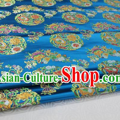 Chinese Traditional Ancient Costume Palace Round Peony Pattern Mongolian Robe Blue Nanjing Brocade Tang Suit Fabric Hanfu Material