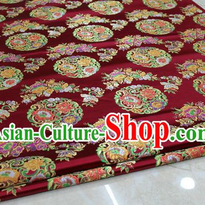 Chinese Traditional Ancient Costume Palace Round Peony Pattern Mongolian Robe Wine Red Nanjing Brocade Tang Suit Fabric Hanfu Material