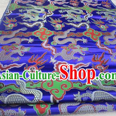 Chinese Traditional Ancient Costume Palace Dragons Pattern Mongolian Robe Blue Nanjing Brocade Cheongsam Satin Fabric Hanfu Material