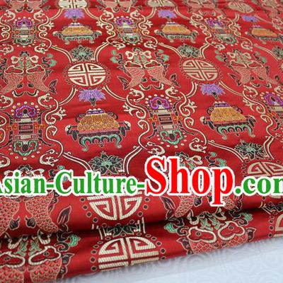 Chinese Traditional Ancient Costume Palace Double Fish Pattern Red Nanjing Brocade Cheongsam Satin Mongolian Robe Fabric Hanfu Material
