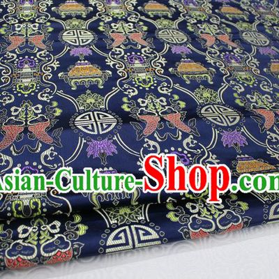 Chinese Traditional Ancient Costume Palace Double Fish Pattern Navy Nanjing Brocade Cheongsam Satin Mongolian Robe Fabric Hanfu Material