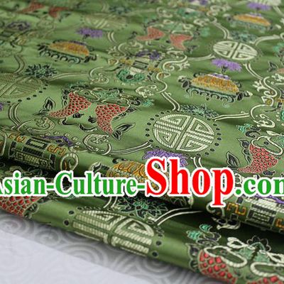 Chinese Traditional Ancient Costume Palace Double Fish Pattern Olive Green Nanjing Brocade Cheongsam Satin Mongolian Robe Fabric Hanfu Material