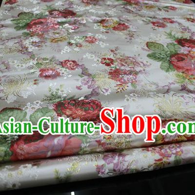 Chinese Traditional Ancient Costume Palace Printing Peony White Nanjing Brocade Cheongsam Satin Mongolian Robe Fabric Hanfu Material