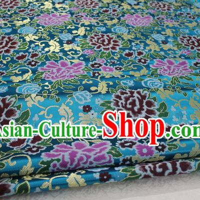Chinese Traditional Ancient Costume Palace Peony Pattern Xiuhe Suit Blue Brocade Cheongsam Satin Mongolian Robe Fabric Hanfu Material