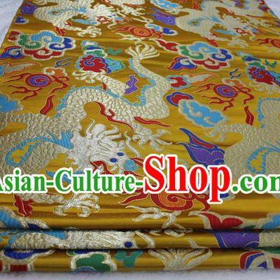 Chinese Traditional Ancient Costume Palace Dragons Pattern Cheongsam Tibetan Robe Yellow Brocade Tang Suit Satin Fabric Hanfu Material