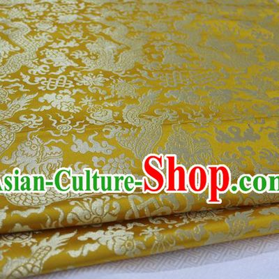 Chinese Traditional Ancient Costume Palace Dragons Pattern Tang Suit Cheongsam Yellow Brocade Mongolian Robe Satin Fabric Hanfu Material