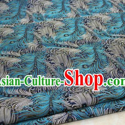 Chinese Traditional Ancient Costume Palace Feather Pattern Tang Suit Blue Brocade Cheongsam Satin Fabric Hanfu Material