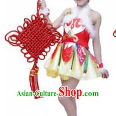 Traditional Chinese Yangge Fan Dance Costume, Folk Dance Drum Dance Uniform Yangko Short Dress Clothing for Kids