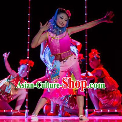 Traditional Chinese Yangge Fan Dance Costume, Folk Dance Drum Dance Rosy Uniform Yangko Clothing for Kids