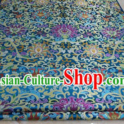 Chinese Traditional Ancient Costume Palace Flowers Pattern Mongolian Robe Cheongsam Blue Brocade Tang Suit Satin Fabric Hanfu Material