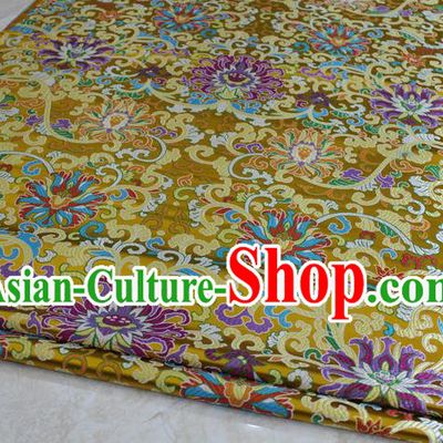Chinese Traditional Ancient Costume Palace Flowers Pattern Mongolian Robe Cheongsam Yellow Brocade Tang Suit Satin Fabric Hanfu Material