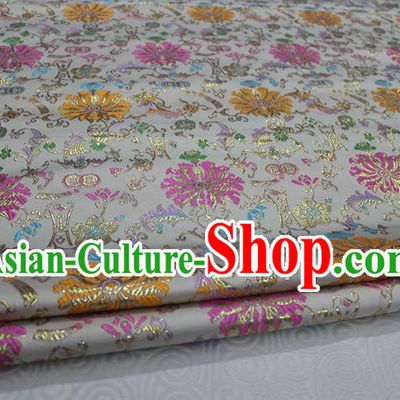 Chinese Traditional Ancient Costume Palace Flowers Pattern Cheongsam White Brocade Tang Suit Satin Mongolian Robe Fabric Hanfu Material