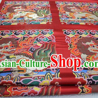 Chinese Traditional Ancient Costume Royal Palace Lion Pattern Cheongsam Red Brocade Tang Suit Satin Mongolian Robe Fabric Hanfu Material