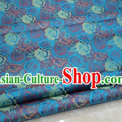 Chinese Traditional Ancient Costume Royal Palace Peony Flower Pattern Cheongsam Blue Brocade Tang Suit Satin Fabric Hanfu Material