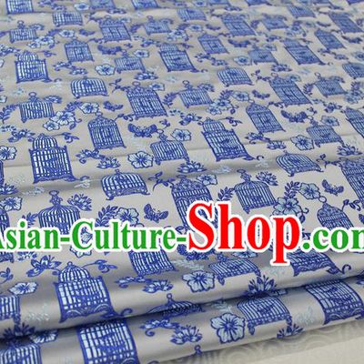 Chinese Traditional Ancient Costume Palace Blue Pattern Kimono Cheongsam White Brocade Tang Suit Satin Fabric Hanfu Material