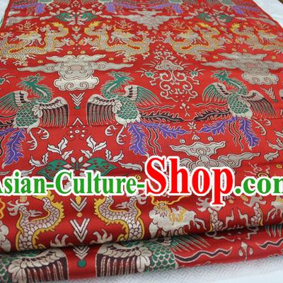 Chinese Traditional Ancient Wedding Costume Palace Dragon Phoenix Pattern Red Brocade Tang Suit Satin Cheongsam Fabric Hanfu Material
