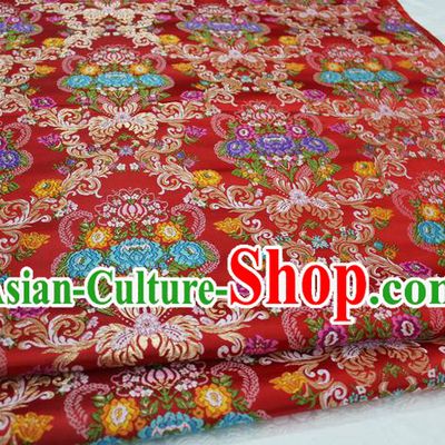 Chinese Traditional Ancient Wedding Costume Palace Flowers Pattern Red Brocade Tang Suit Satin Cheongsam Fabric Hanfu Material