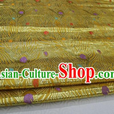 Chinese Traditional Ancient Costume Royal Palace Feather Pattern Mongolian Robe Tang Suit Yellow Brocade Cheongsam Satin Fabric Hanfu Material