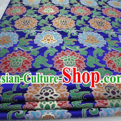 Chinese Traditional Ancient Costume Royal Palace Lotus Pattern Mongolian Robe Tang Suit Blue Brocade Cheongsam Satin Fabric Hanfu Material