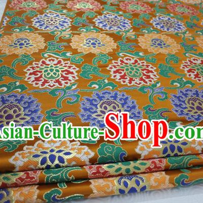 Chinese Traditional Ancient Costume Royal Palace Lotus Pattern Mongolian Robe Tang Suit Yellow Brocade Cheongsam Satin Fabric Hanfu Material