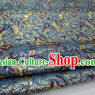 Chinese Traditional Ancient Costume Royal Printing Flowers Pattern Tang Suit Mongolian Robe Blue Brocade Satin Fabric Hanfu Material