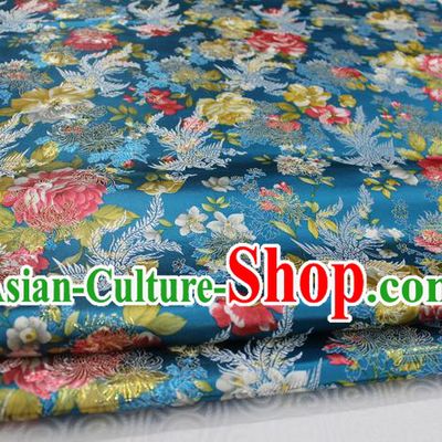 Chinese Traditional Ancient Costume Royal Phoenix Pattern Tang Suit Wedding Dress Lake Blue Brocade Cheongsam Satin Fabric Hanfu Material