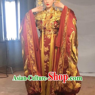 Traditional Ancient Chinese Tang Dynasty Imperial Empress Wedding Embroidered Tailing Dress Costume and Headpiece Complete Set for Women