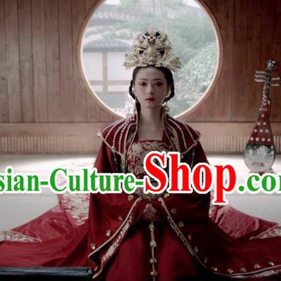 Traditional Ancient Chinese Tang Dynasty Imperial Concubine Wedding Embroidered Tailing Red Dress Costume and Headpiece Complete Set for Women