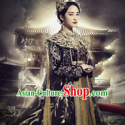 Traditional Ancient Chinese Tang Dynasty Empress Palace Queen Embroidered Tailing Dress Costume and Headpiece Complete Set for Women