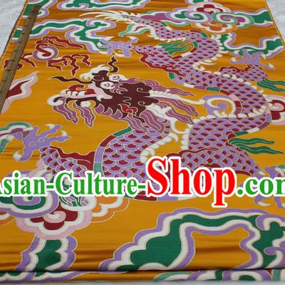 Chinese Traditional Ancient Costume Royal Palace Dragon Pattern Mongolian Robe Yellow Brocade Cheongsam Satin Fabric Hanfu Material