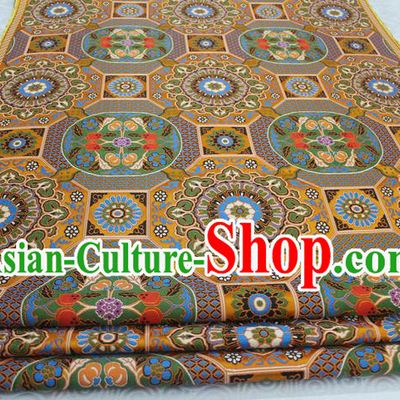 Chinese Traditional Ancient Costume Mongolian Robe Yellow Brocade Palace Pattern Tang Suit Satin Fabric Hanfu Material