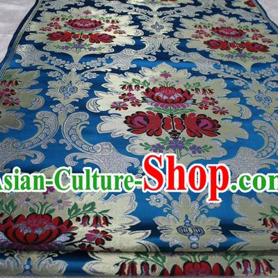 Chinese Traditional Ancient Wedding Costume Mongolian Robe Blue Brocade Palace Pattern Xiuhe Suit Satin Fabric Hanfu Material
