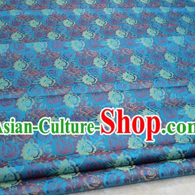 Chinese Traditional Wedding Cheongsam Blue Brocade Ancient Costume Palace Flowers Pattern Satin Fabric Hanfu Material