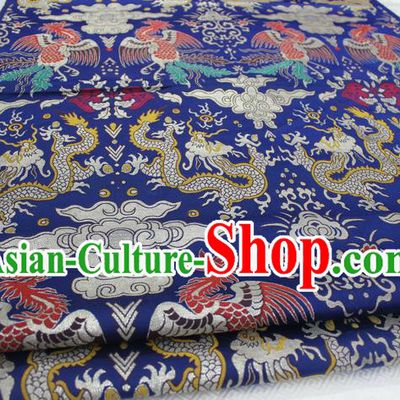 Chinese Traditional Clothing Palace Dragons Phoenix Pattern Cheongsam Blue Brocade Ancient Costume Xiuhe Suit Satin Fabric Hanfu Material