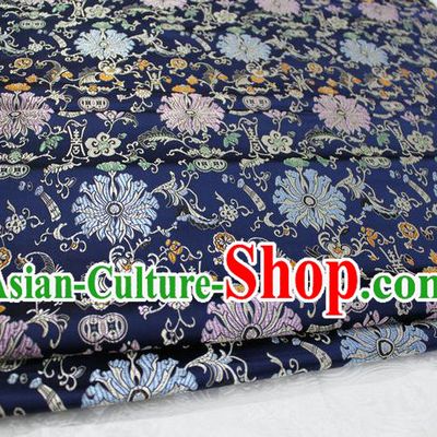 Chinese Traditional Clothing Palace Pattern Cheongsam Navy Brocade Ancient Costume Mongolian Robe Satin Fabric Hanfu Material