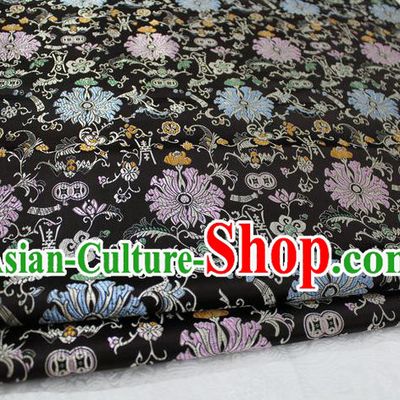 Chinese Traditional Clothing Palace Pattern Cheongsam Black Brocade Ancient Costume Mongolian Robe Satin Fabric Hanfu Material