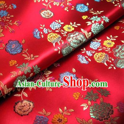 Chinese Traditional Royal Court Flowers Pattern Red Brocade Ancient Costume Tang Suit Cheongsam Bourette Fabric Hanfu Material