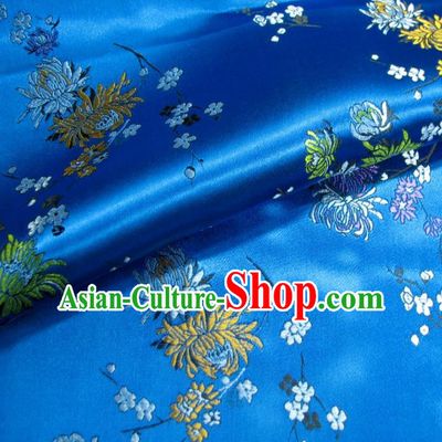 Chinese Traditional Royal Court Chrysanthemum Pattern Blue Brocade Ancient Costume Tang Suit Cheongsam Bourette Fabric Hanfu Material