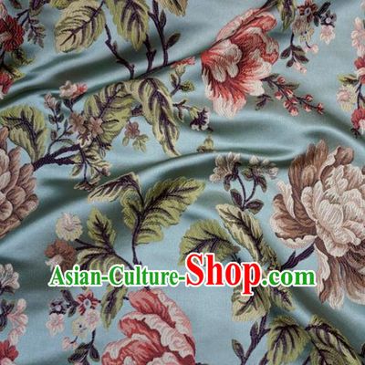 Chinese Traditional Royal Court Peony Pattern Blue Brocade Ancient Costume Tang Suit Cheongsam Bourette Fabric Hanfu Material