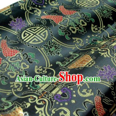 Chinese Traditional Royal Palace Fish Pattern Design Black Brocade Fabric Ancient Costume Tang Suit Cheongsam Hanfu Material